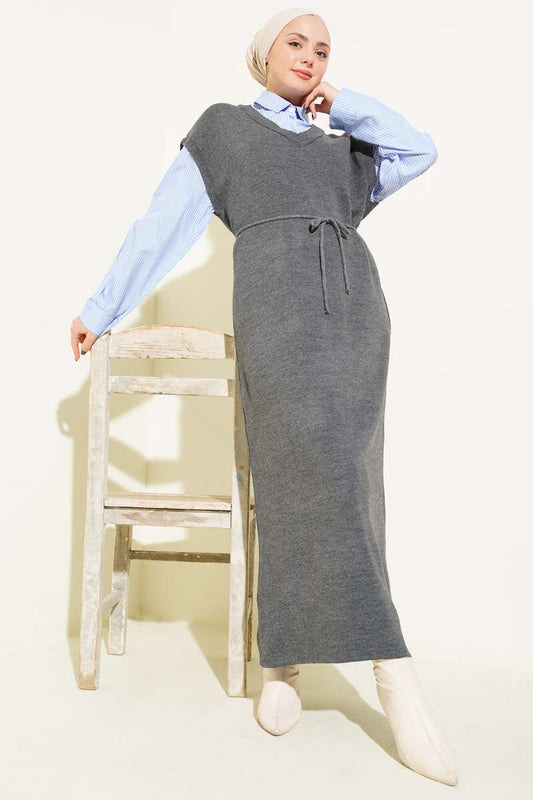 Çizgi Gömlek Garnili Triko Elbise gri