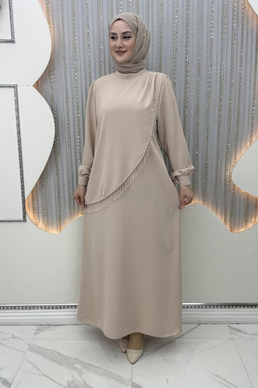 Taş işlemeli Abiye krem