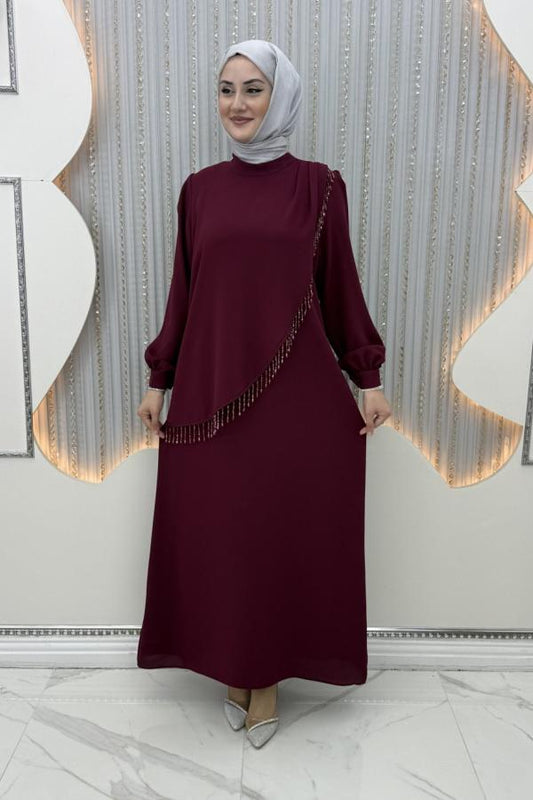 Taş işlemeli Abiye vişne