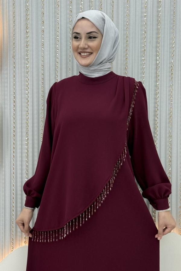 Taş işlemeli Abiye vişne