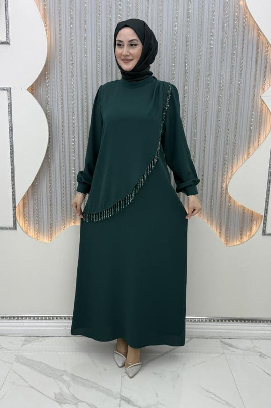 Taş işlemeli Abiye zümrüt yeşili