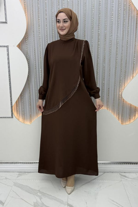 Taş işlemeli Abiye kahve