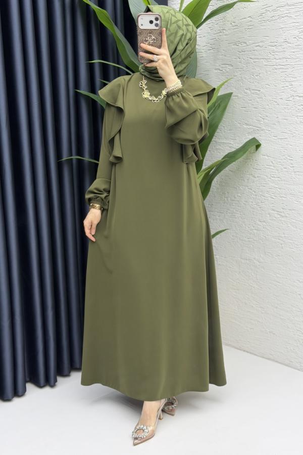 Fırfır detaylı Elbise haki