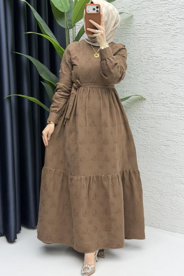 Nur muslin Elbise Kahve