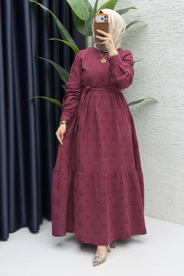 Nur muslin Elbise bordo