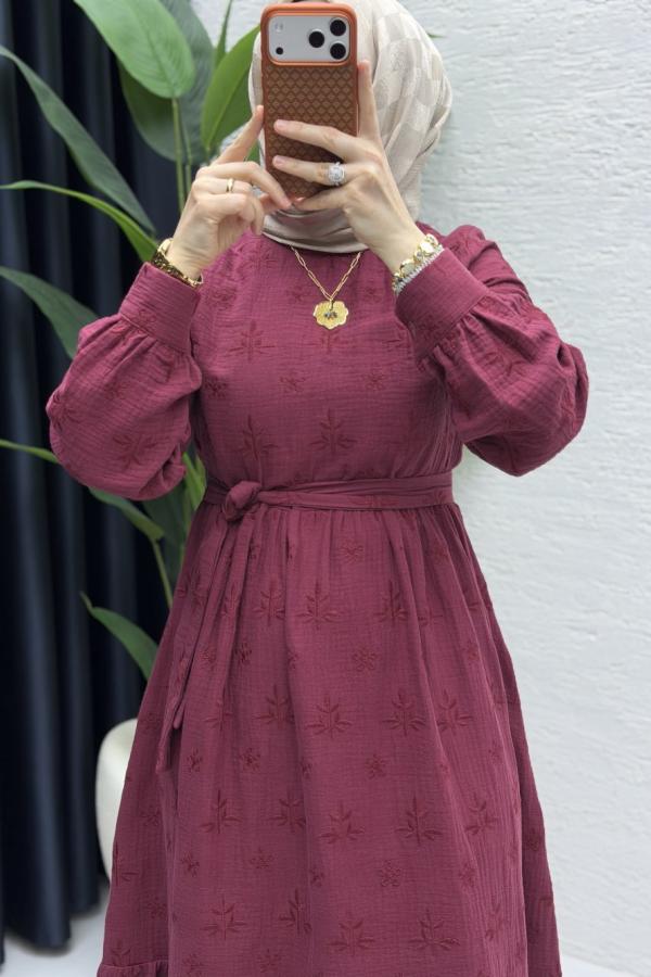 Nur muslin Elbise bordo