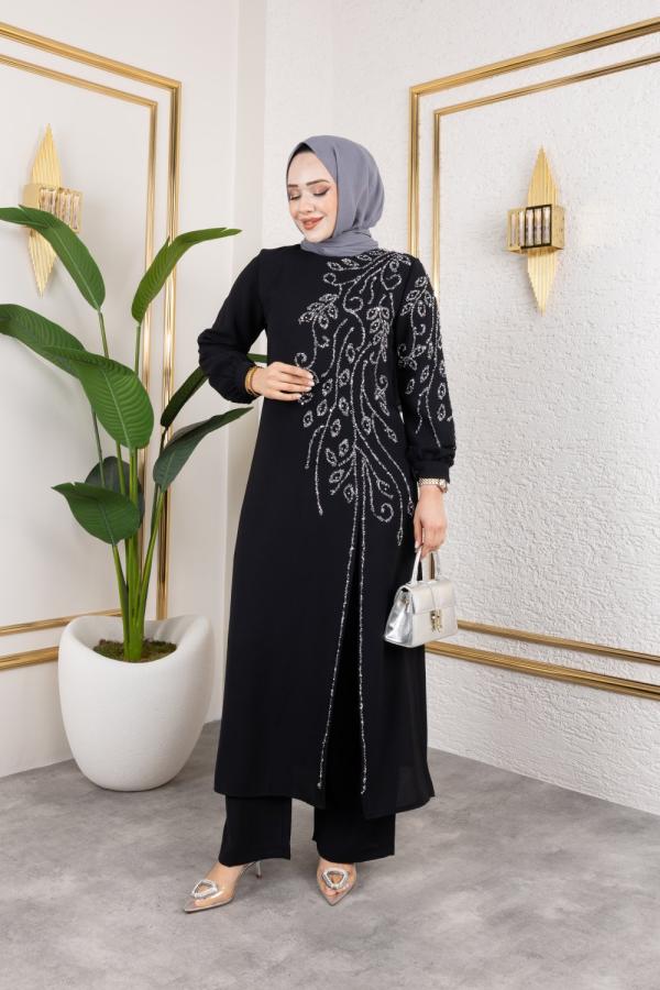 Sina  yırtmaçlı abiye Siyah
