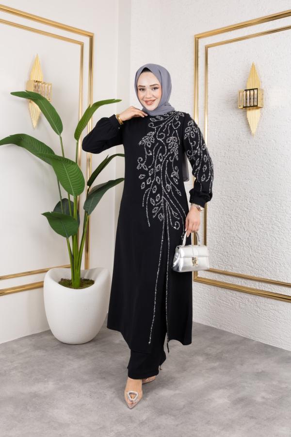 Sina  yırtmaçlı abiye Siyah