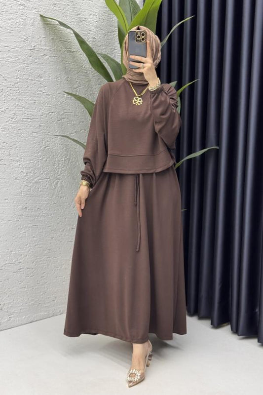 Yarasa Kol Crop Etek Takım Kahve