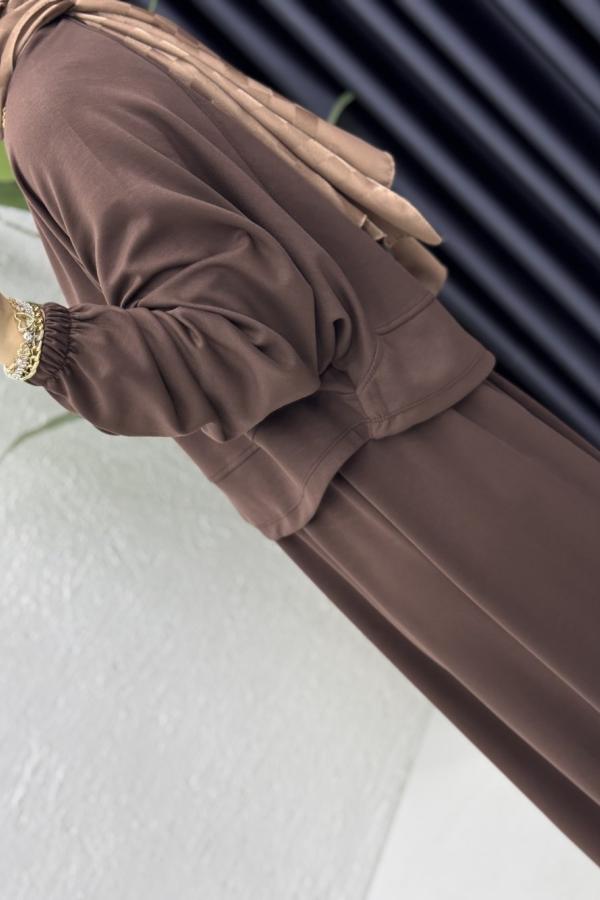 Yarasa Kol Crop Etek Takım Kahve