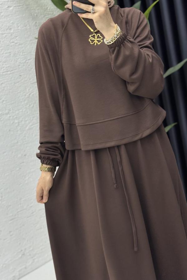 Yarasa Kol Crop Etek Takım Kahve