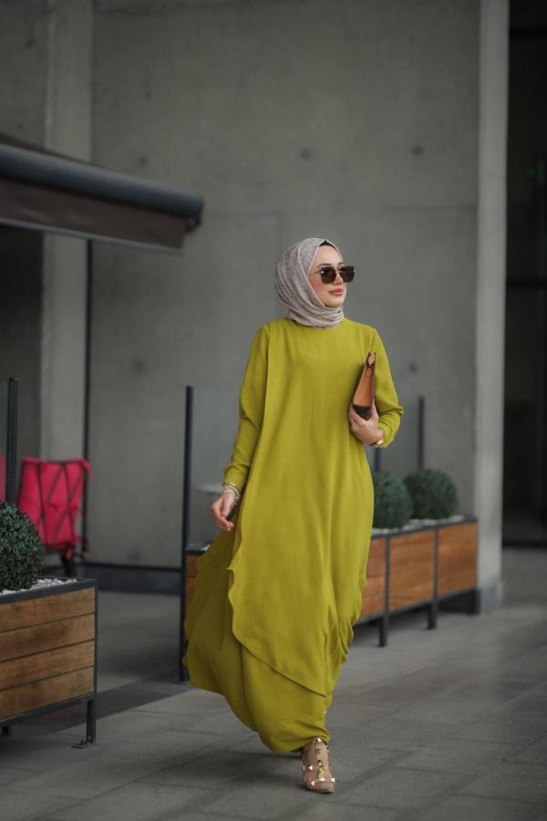 Tesettür Ayrobin Seyhan Elbise Yağ Yeşili