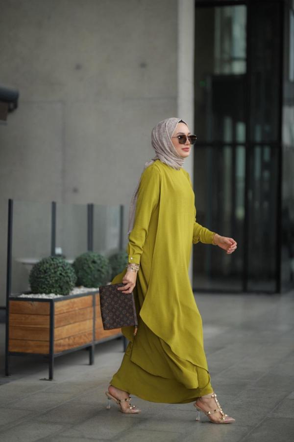 Tesettür Ayrobin Seyhan Elbise Yağ Yeşili