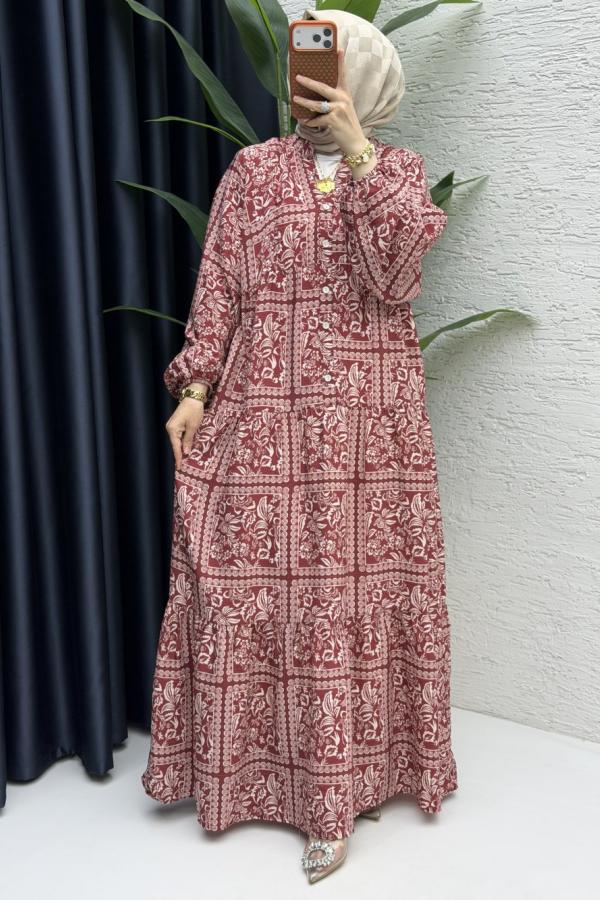 Desenli elbise bordo