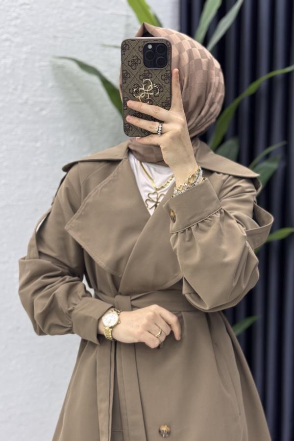 Liza Trench Tesettür Giyim koyu vizon