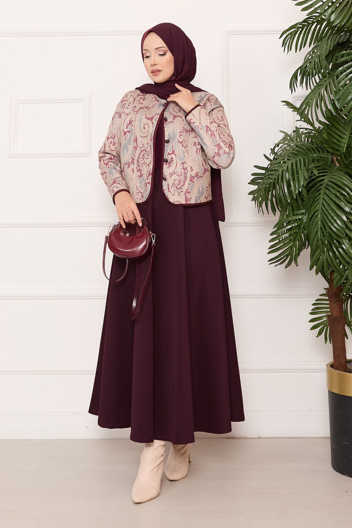 Croplu Ceket Etek Takım bordo