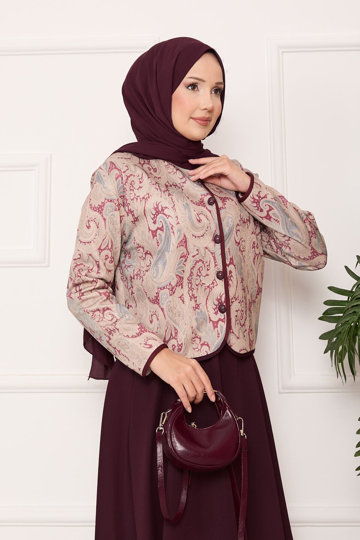 Croplu Ceket Etek Takım bordo