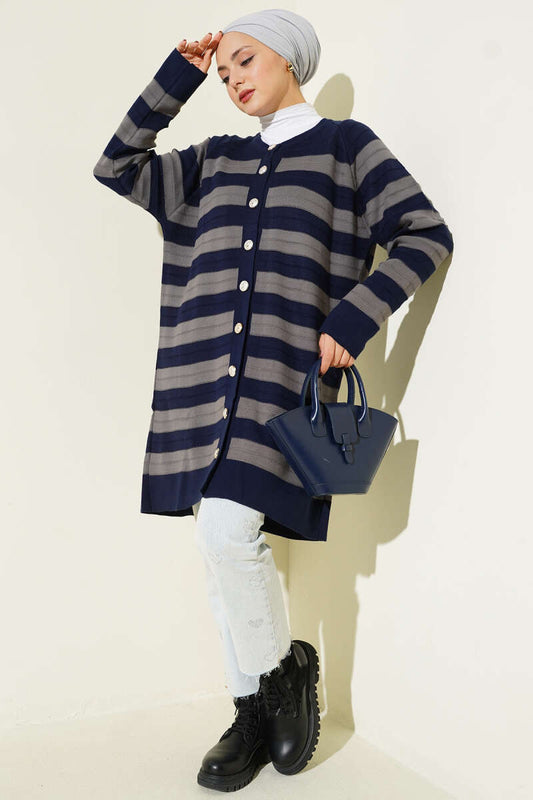 Desenli Düğme Detaylı Triko Hırka lacivert