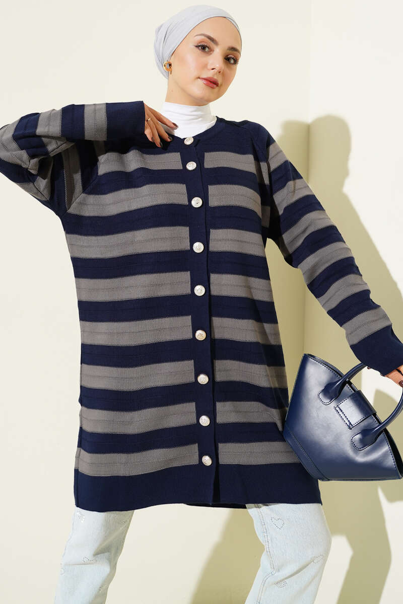 Desenli Düğme Detaylı Triko Hırka lacivert
