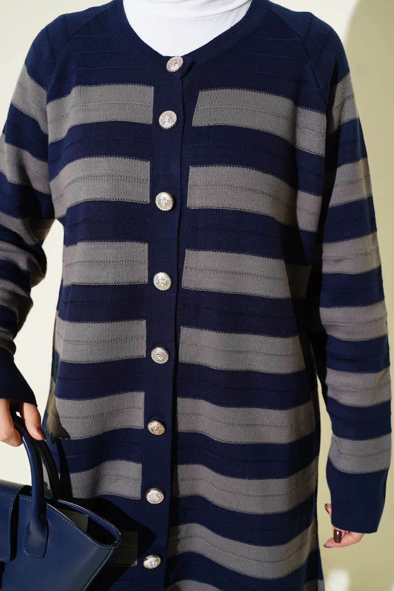 Desenli Düğme Detaylı Triko Hırka lacivert