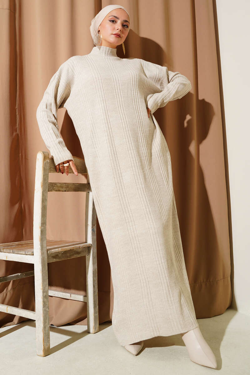 Ribbed Knit Dress with High Collar light beige