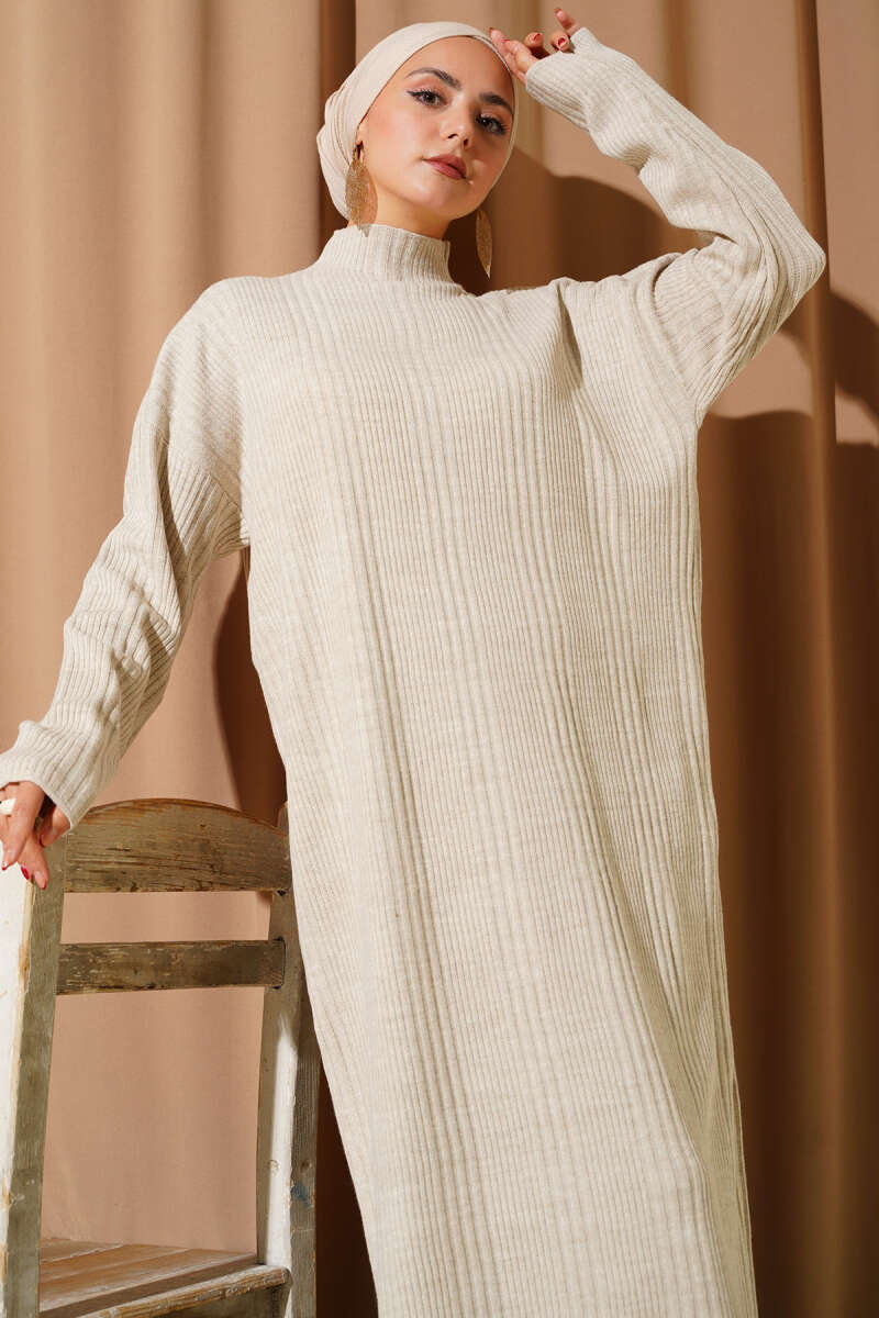 Ribbed Knit Dress with High Collar light beige