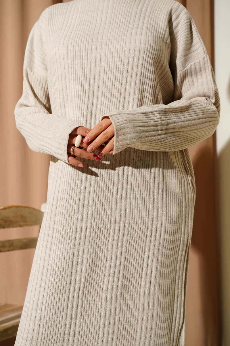 Ribbed Knit Dress with High Collar light beige