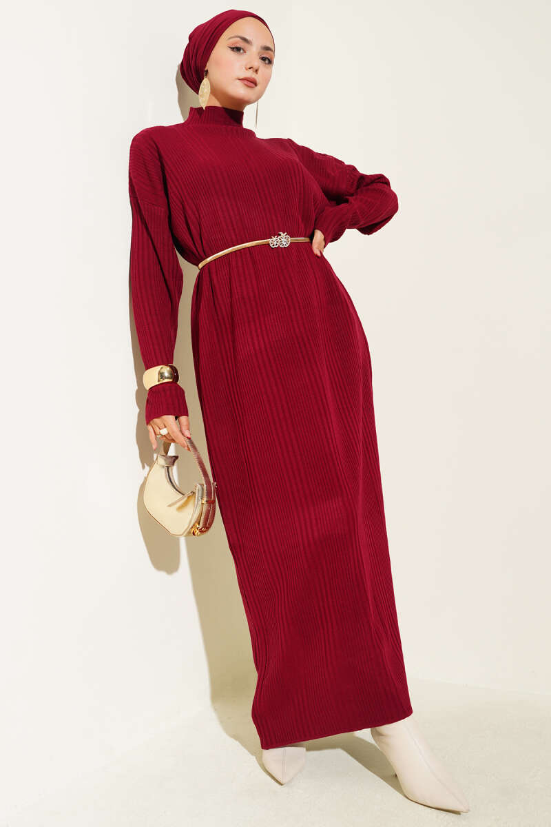 Dik Yaka Fitilli Triko Elbise bordo