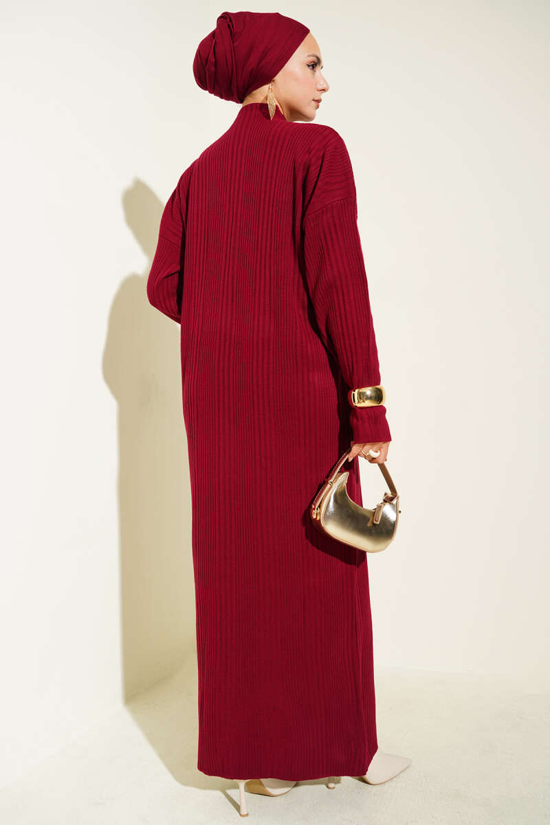 Dik Yaka Fitilli Triko Elbise bordo