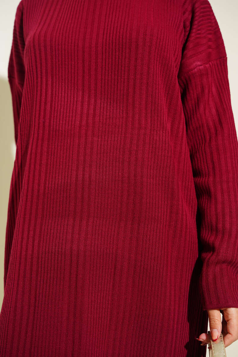 Dik Yaka Fitilli Triko Elbise bordo