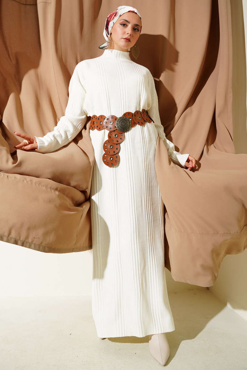 Dik Yaka Fitilli Triko Elbise ekru