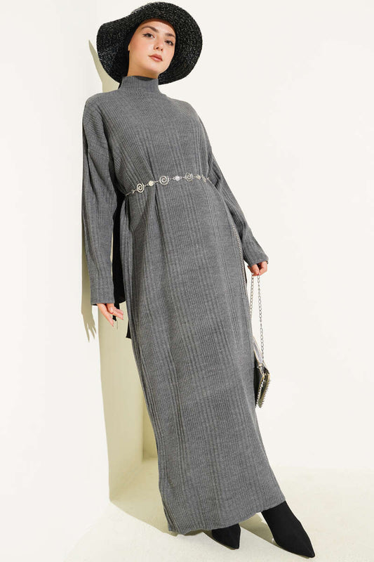 Dik Yaka Fitilli Triko Elbise gri