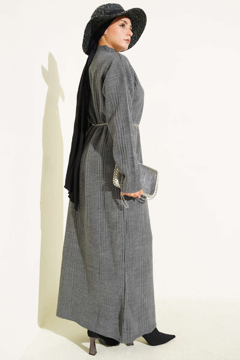 Dik Yaka Fitilli Triko Elbise gri