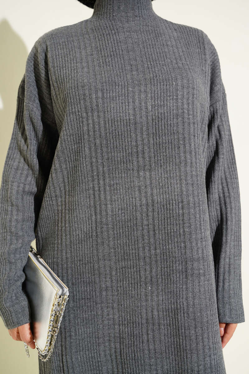 Dik Yaka Fitilli Triko Elbise gri