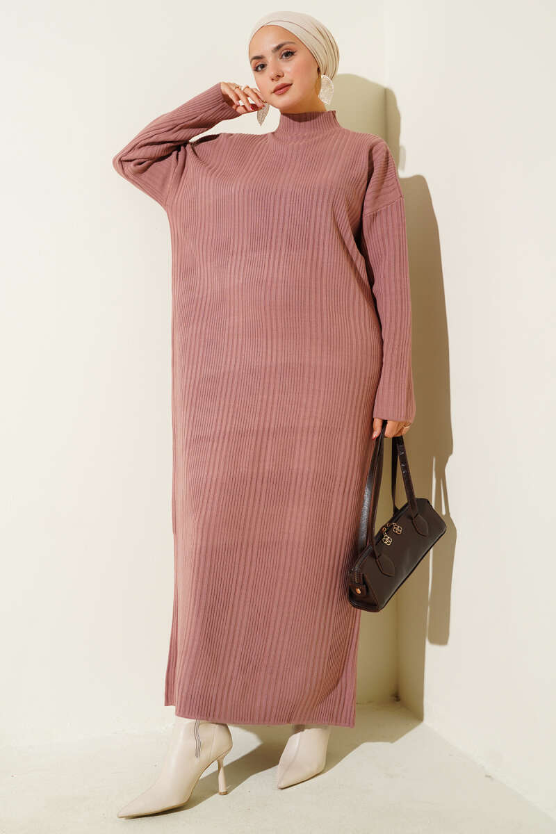 Dik Yaka Fitilli Triko Elbise gül kurusu