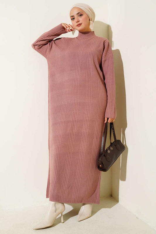 Dik Yaka Fitilli Triko Elbise gül kurusu