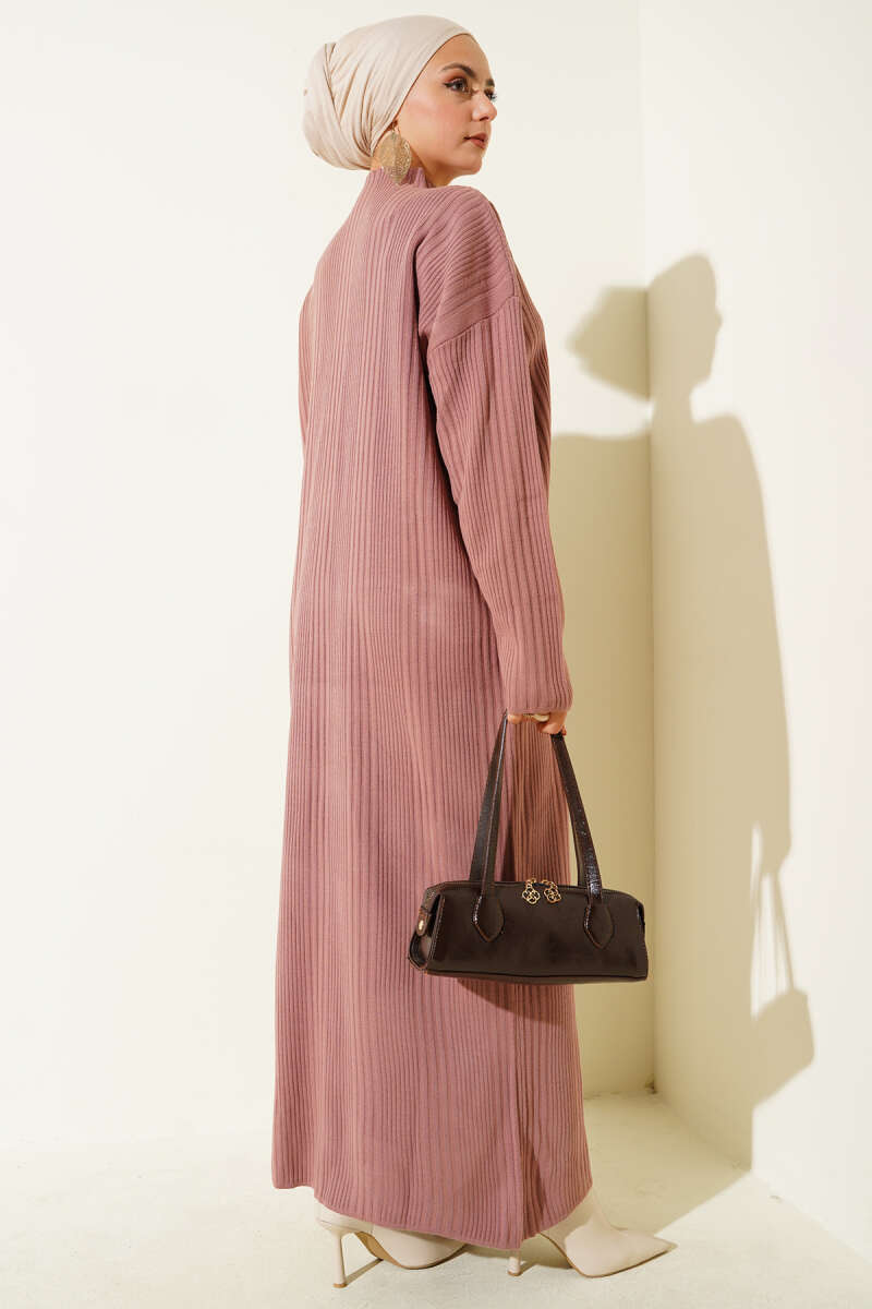 Dik Yaka Fitilli Triko Elbise gül kurusu