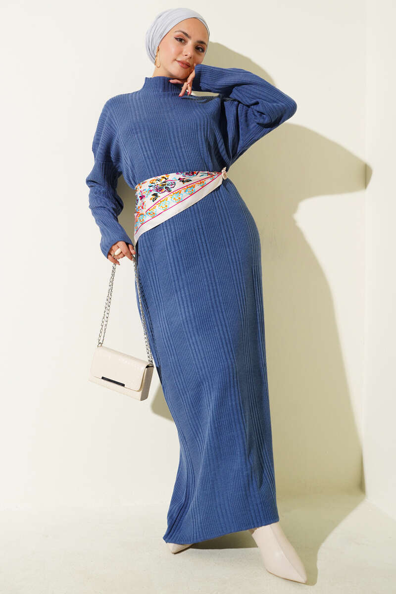 Dik Yaka Fitilli Triko Elbise indigo