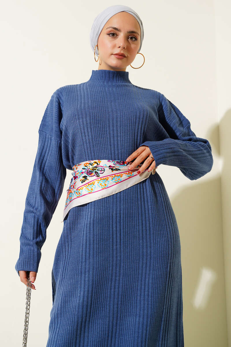 Dik Yaka Fitilli Triko Elbise indigo