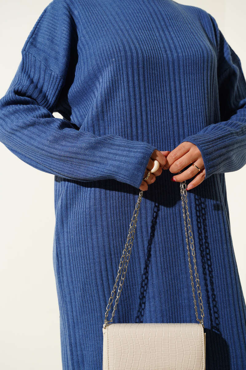 Dik Yaka Fitilli Triko Elbise indigo