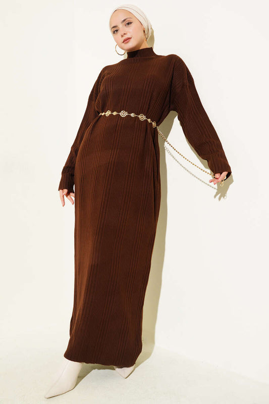 Dik Yaka Fitilli Triko Elbise Kahverengi