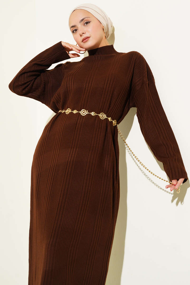 Dik Yaka Fitilli Triko Elbise Kahverengi