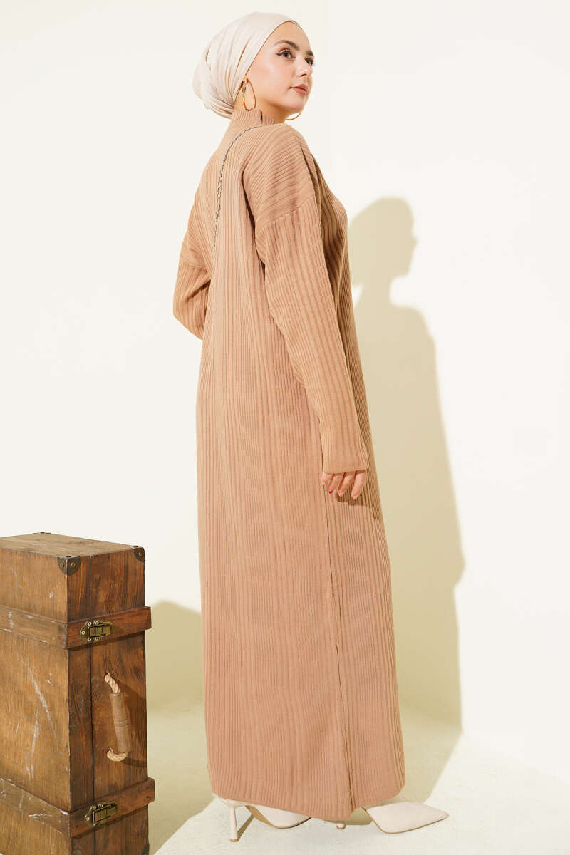 Dik Yaka Fitilli Triko Elbise bej