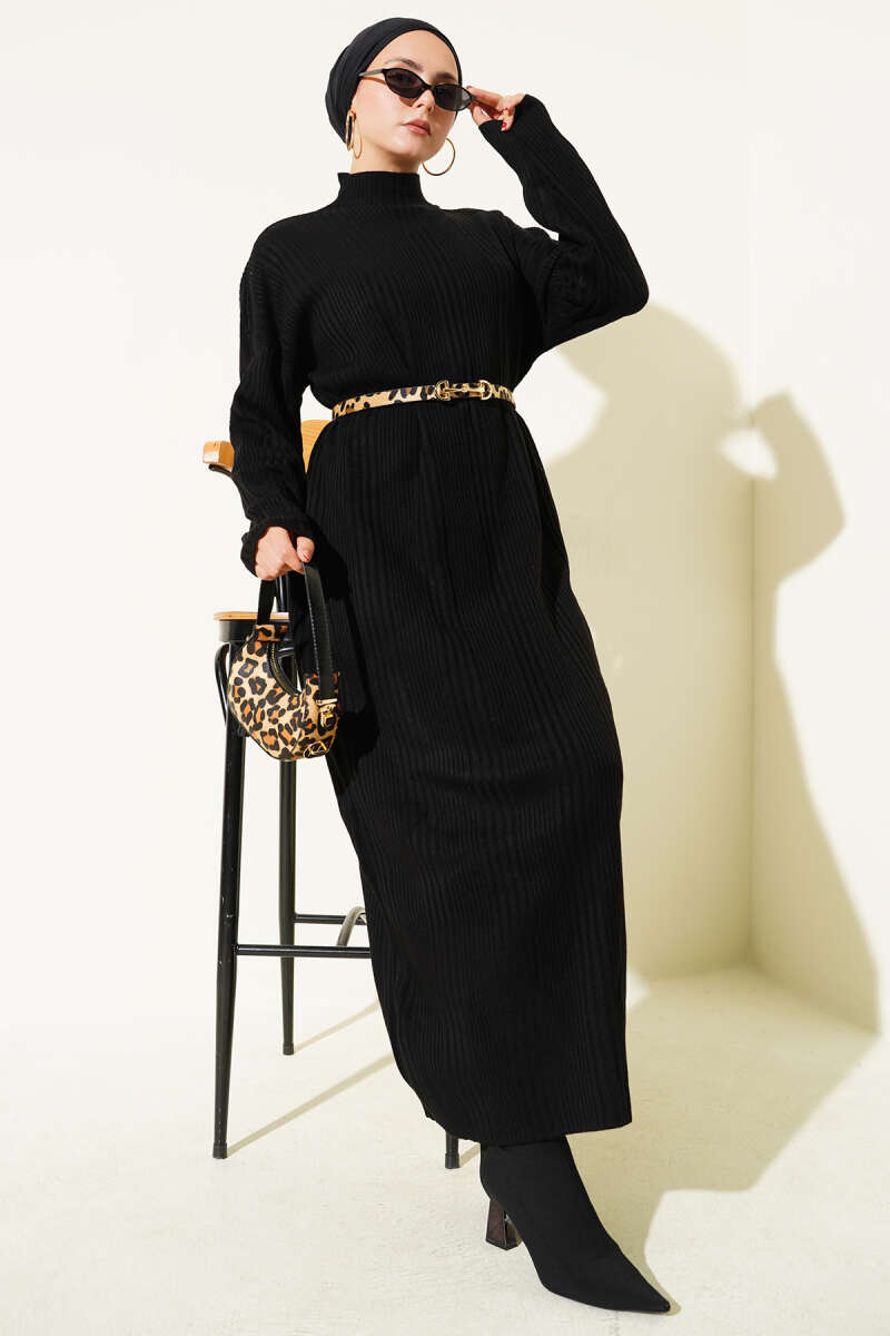 Dik Yaka Fitilli Triko Elbise siyah