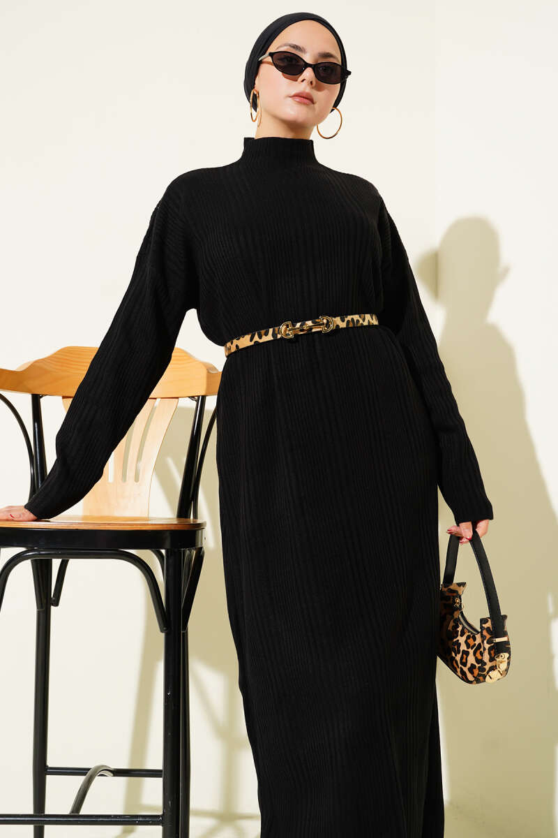 Dik Yaka Fitilli Triko Elbise siyah