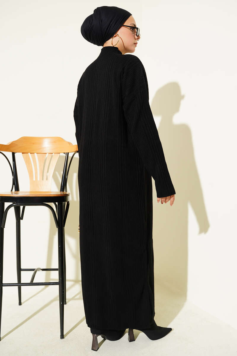 Dik Yaka Fitilli Triko Elbise siyah