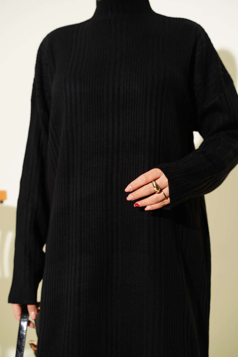 Dik Yaka Fitilli Triko Elbise siyah