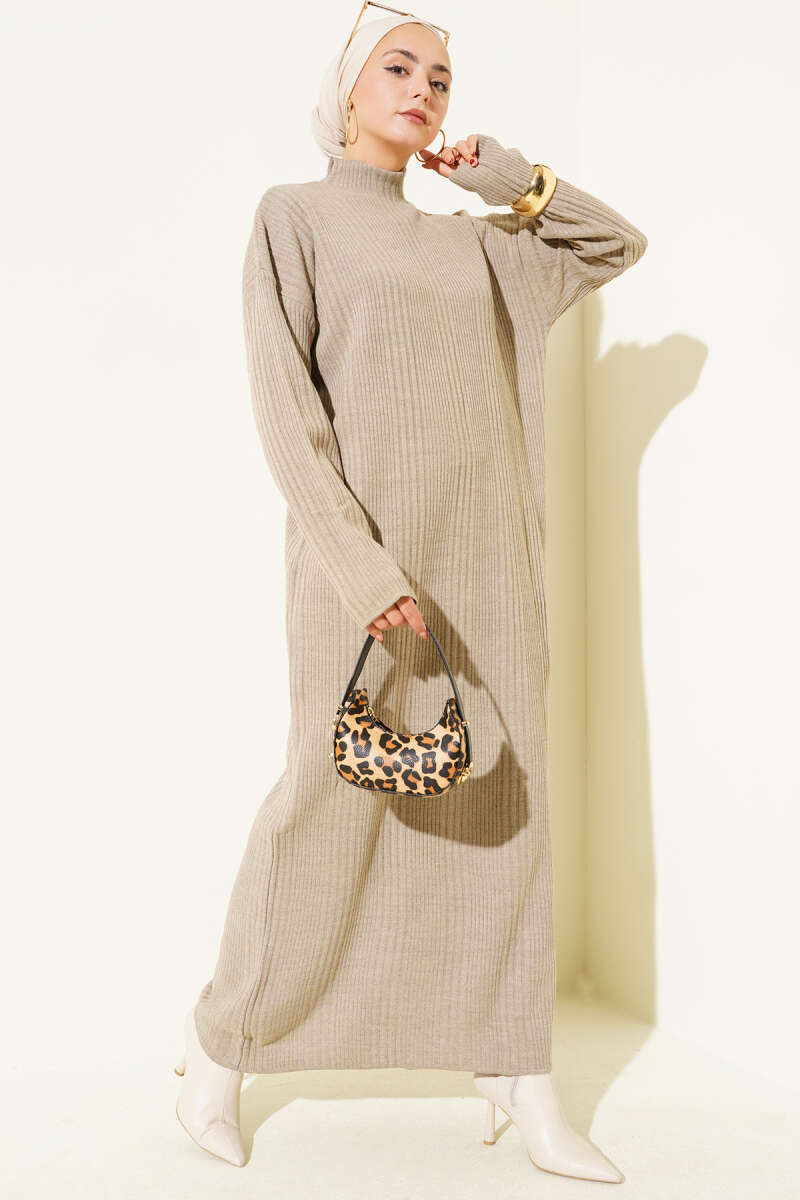 Ribbed Knit Dress with High Collar mink
