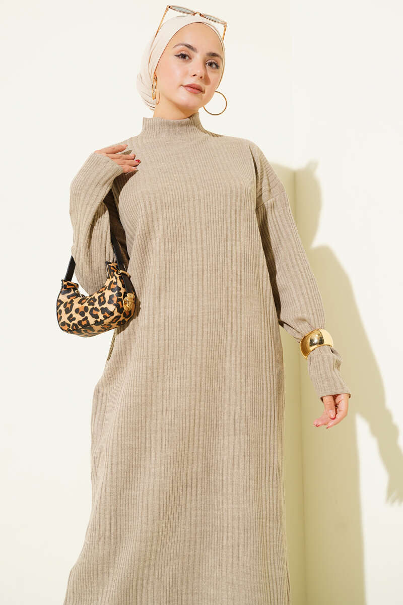 Ribbed Knit Dress with High Collar mink