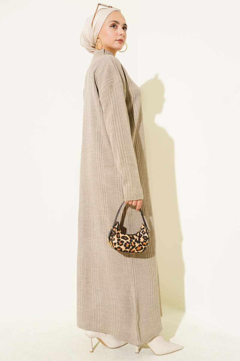 Ribbed Knit Dress with High Collar mink